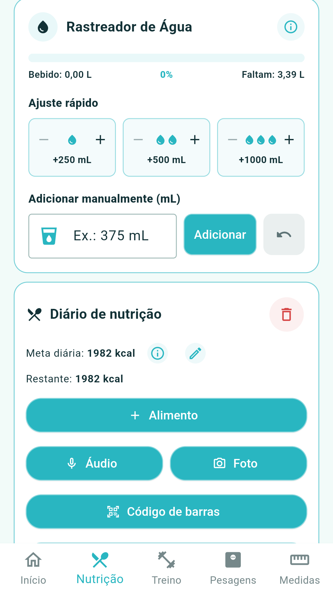 Tela de nutri&ccedil;&atilde;o do Wolvi com refei&ccedil;&otilde;es e resumo nutricional