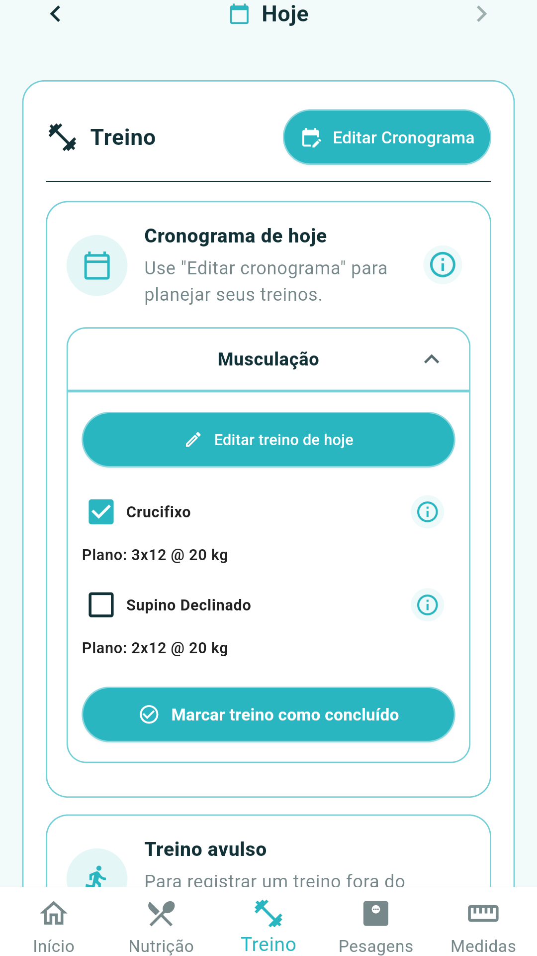 Tela do Wolvi com acompanhamento de treino e h&aacute;bitos